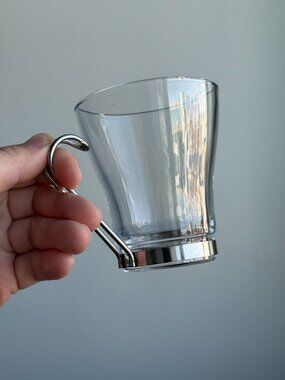 8 Vintage Tempered Glass Mugs Italian Bormioli Cups w/ Stainless Handles